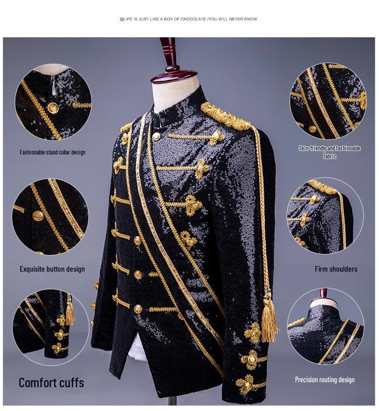 Herren Schwarzer & Goldener Pailletten Europäischer Hofstil Nachtclub DJ Performance Smoking.