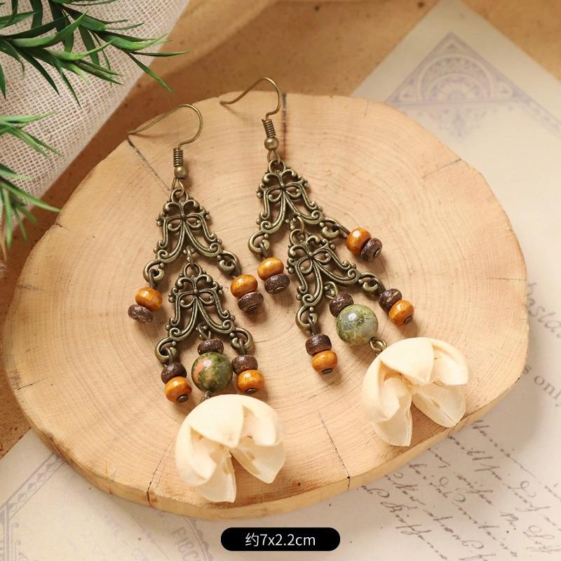 Retro niche literary earrings, natural plant fruits, wooden dried fruits, long fringed women's earrings