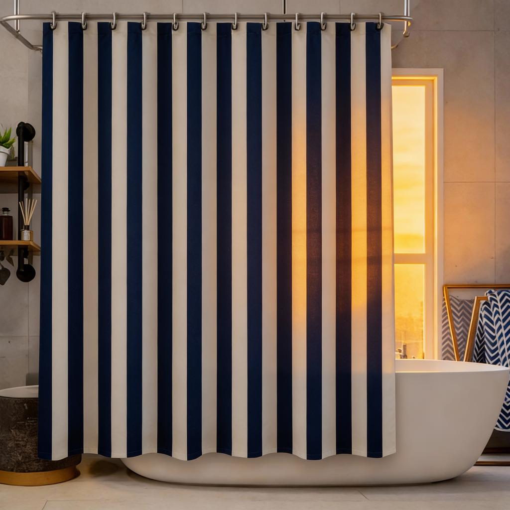 Eleganter blau-weiß gestreifter Badezimmervorhang Wasserdichter Stoff Modernes minimalistisches Design Geeignet für Nass- und Trockenbereiche
