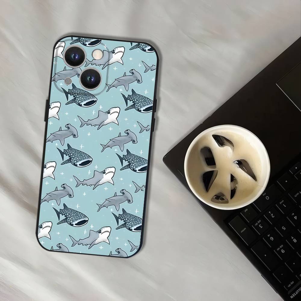 Cute Cartoon Blue Shark Phone Case For iPhone 17,16,15,14,13,12,11,Pro,XS,Max,XR,Plus,E,SE4,Mini Black Soft Cover