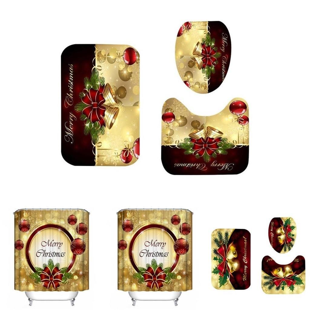 Luxurious Christmas Shower Curtain Toilet Seat Cover Mat Set For Festive Bathroom Decor