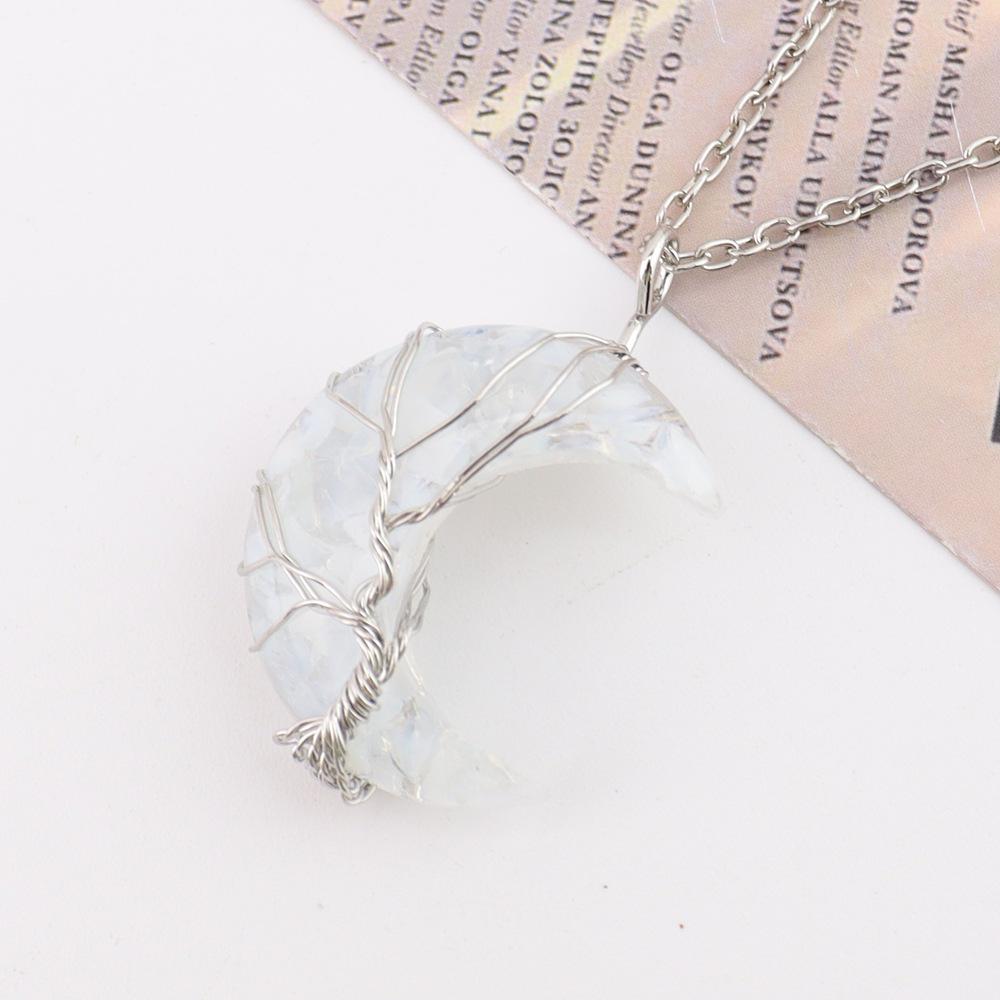 Chakela Crescent Moon Tree of Life Necklace with Natural Crystal Stones