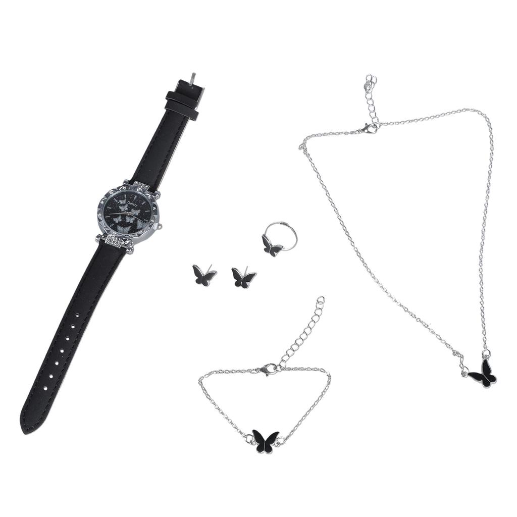 6pcs/set Luxury Watch Women Rings Necklace Earrings Bracelet Set Butterfly Leather Strap Watches Lady Wristwatch No Case