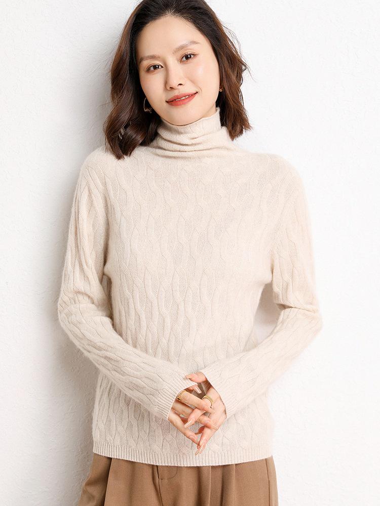 Women's Loose Fit Cashmere Cable Knit High Neck Sweater - Autumn & Winter.