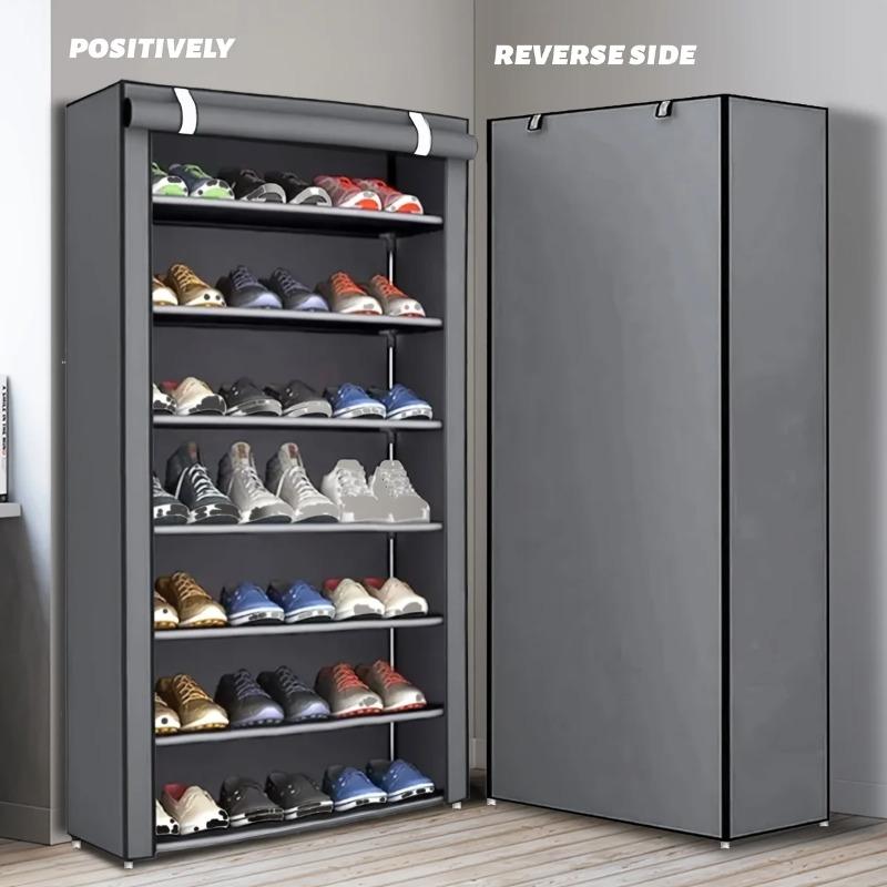 Multi-layer shoe cabinet with dust-proof rolling shutter door. Space-saving storage organizer for everyday use.