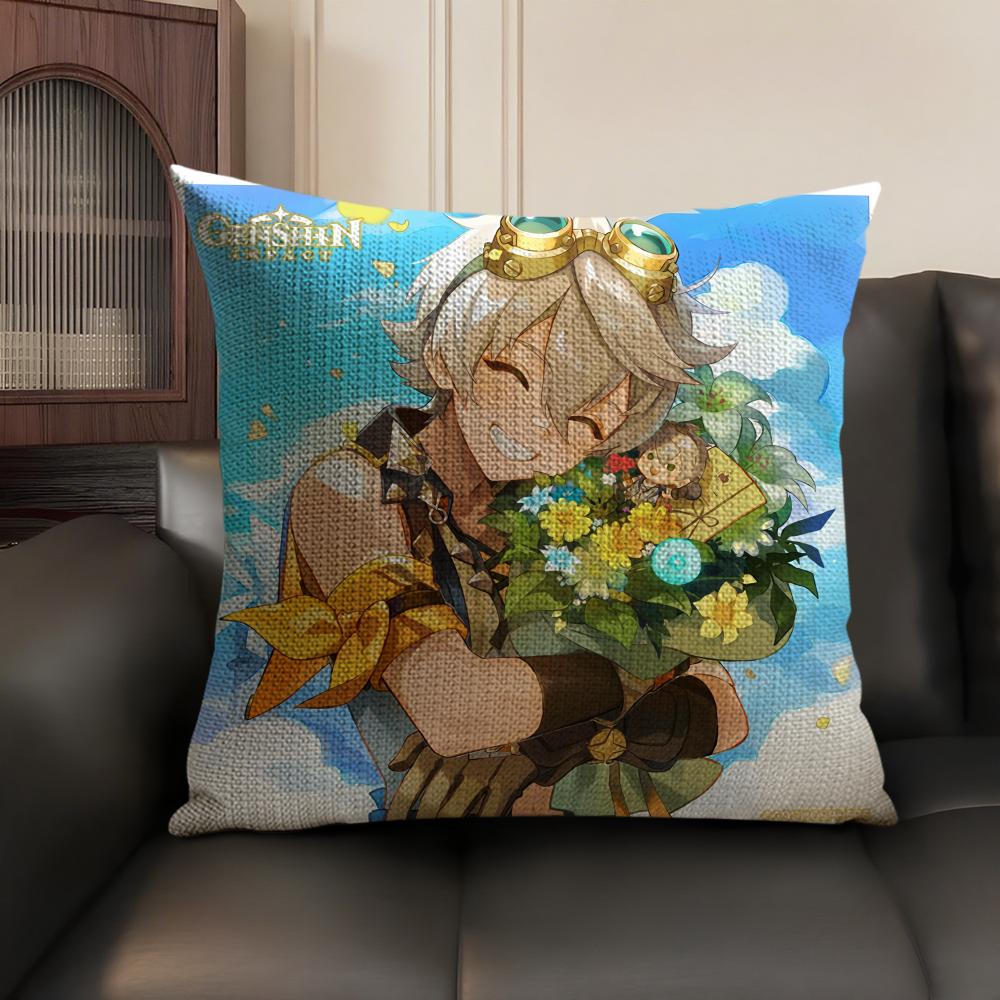 Bennett Genshin Impact Cute Cushion Cover Natural Linen Organic Fabric Double-Sided Printing Sofa Home Decor Gift Pillow Case