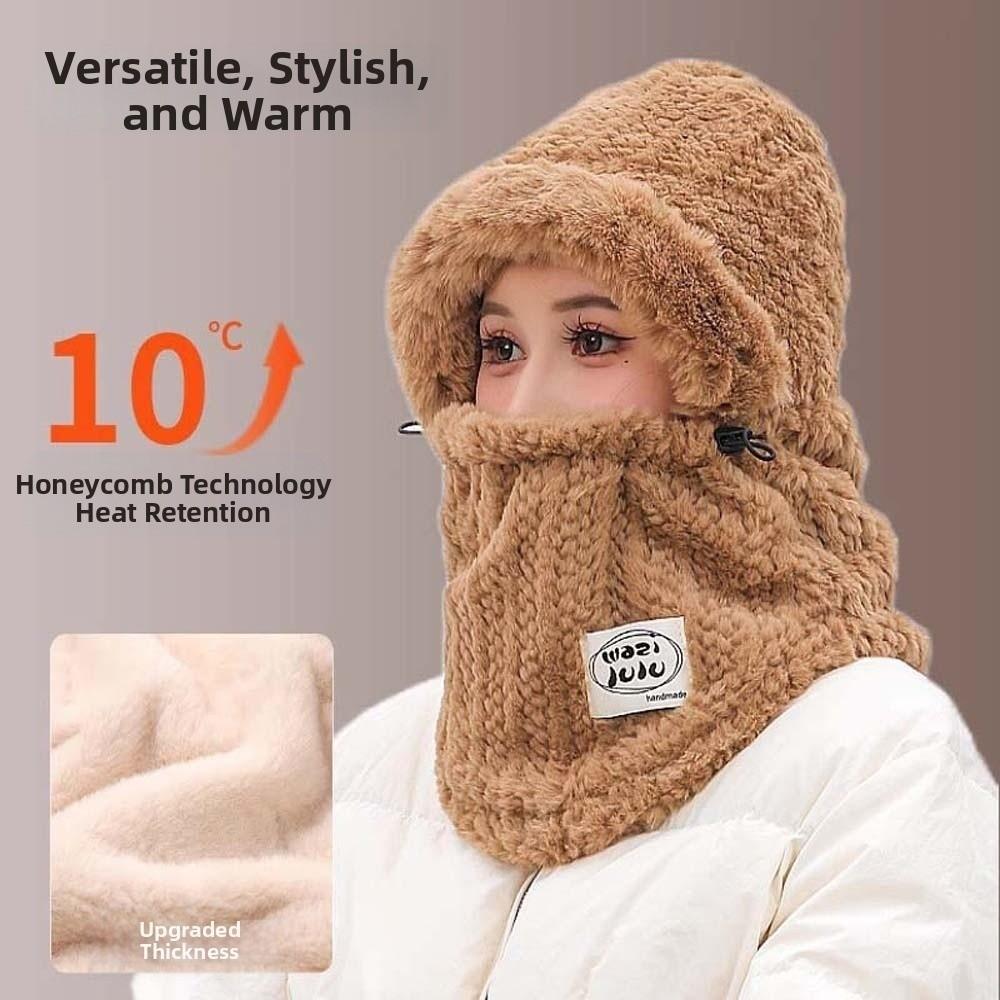 4 in 1 Winter Integrated Scarf Cap Plush Pullover Mask Cap Balaclava Hat Mask Woolen Hat Women