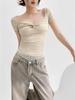 YPFF Women's Trendy Solid Color V-Neck Twist Knot American T-Shirt