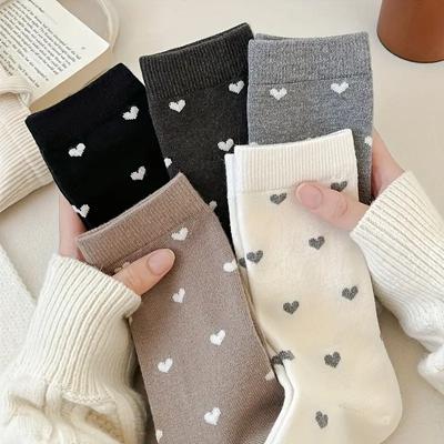 Lot de 5 paires de chaussettes à imprimé cœur, jolies chaussettes mi-hautes de style japonais pour l'automne et l'hiver, bas et bas pour femmes