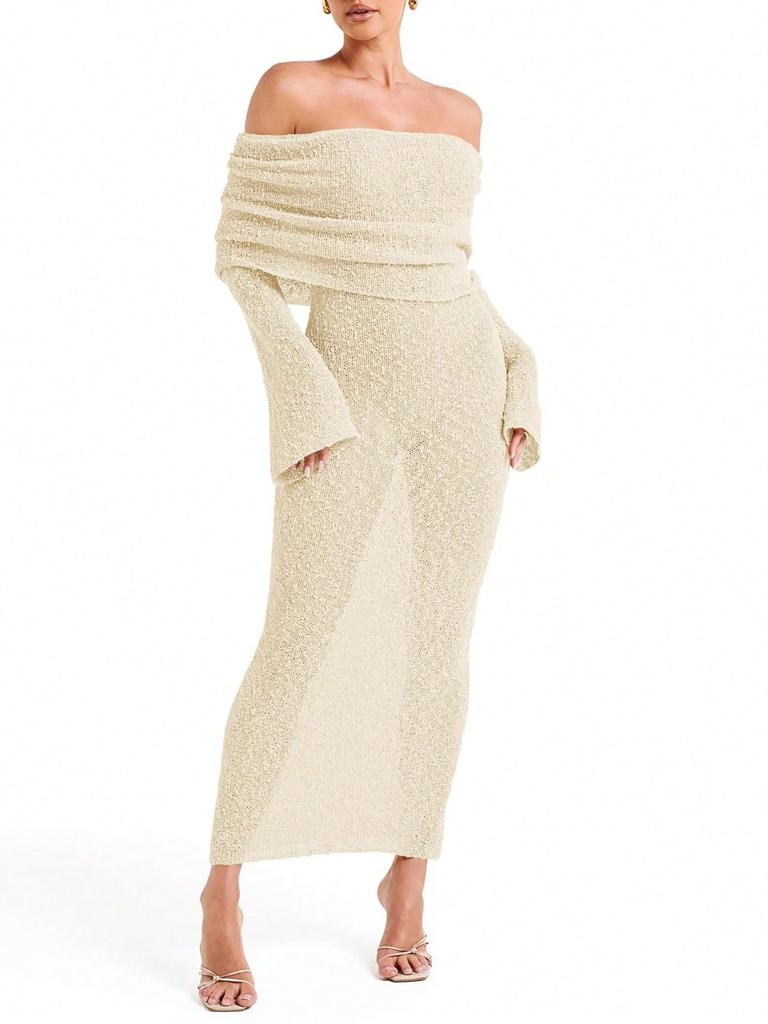 Womens Off Shoulder Mesh Maxi Dress Bell Sleeve Beach Cover Up Dress