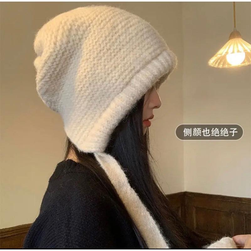 Hat women's winter big head circumference knitted hat versatile face small lace-up bag hat dual-purpose ear protector headgear