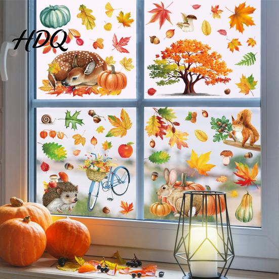 Autumn Atmosphere Window Stickers for Office 9PCS Forest Animal Clings Thanksgiving Maple Leaf Pumpkin Stickers Static Glass Decals Fall Decor