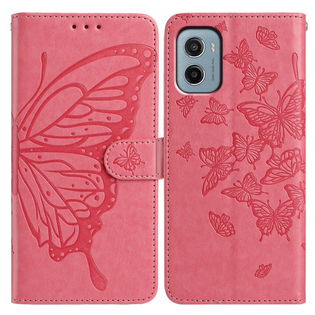 Schutzhülle mit Schmetterlingsmuster für Motorola Moto E15 4G/G05 4G: Klapphandyhülle aus PU-Leder mit Ständer und Tragegurt