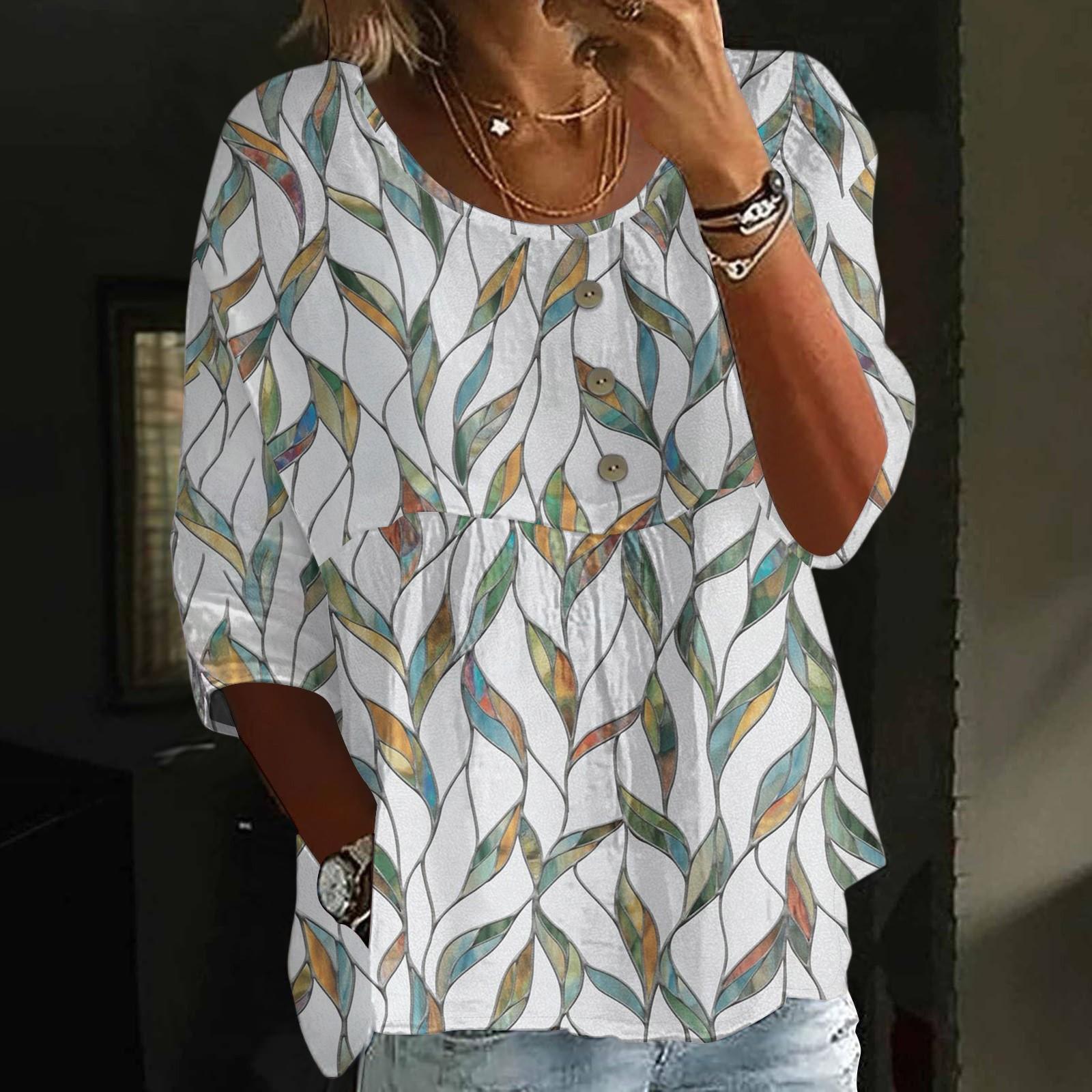 

Льняные рубашки для женщин с рукавом 3/4 на пуговицах с V-образным вырезом, летние топы, нарядные повседневные милые рубашки M зелёный