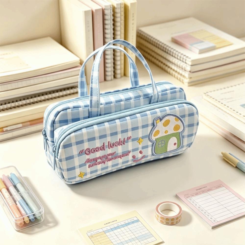 Plaid Pattern Pencil Case Double Layer Stationery Holder Durable Stationery Bag Girls