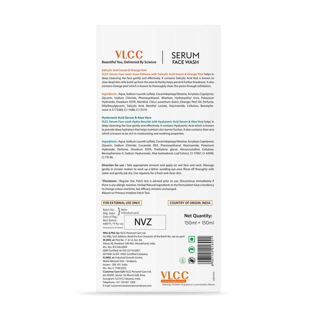 VLCC Salicylic Acid And Orange Peel Facewash Set With Hyaluronic Acid Aloe Vera Cleanser For Daily Deep Pore Care 150 Ml Pack Of 2