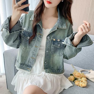 Designgevoel splicing kanten rand denim jas dames lente nieuw retro veelzijdige lichtgekleurde jas top