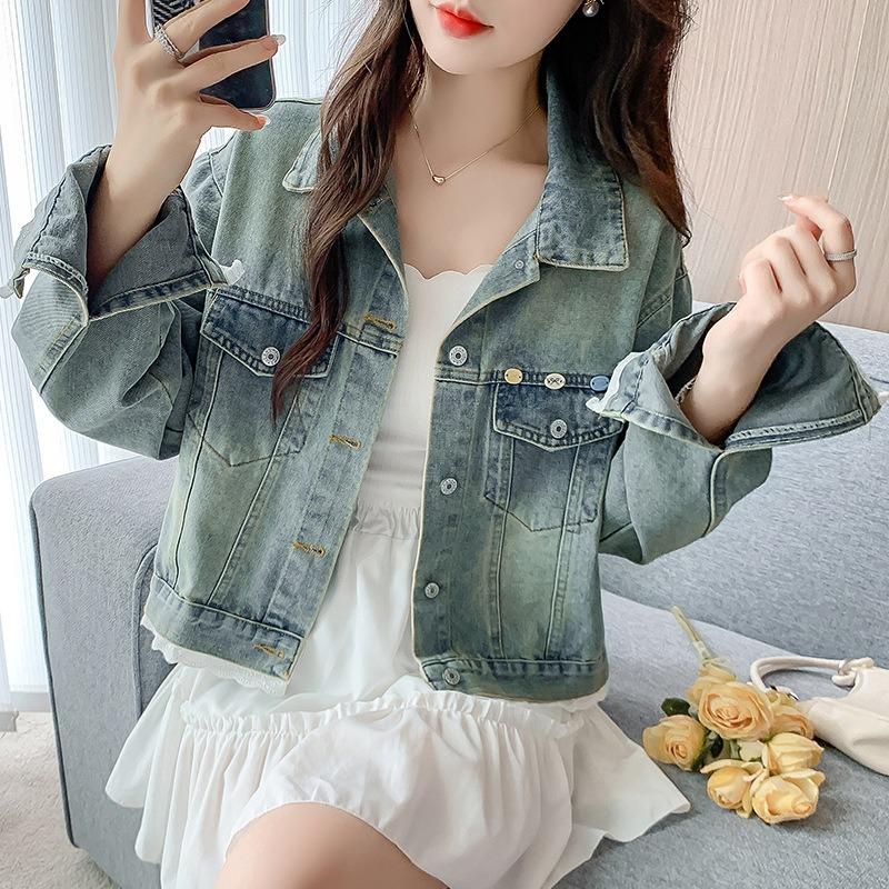 Design Sense Splicing Lace Edge Denim Jacket Women's Spring New Retro Versatile Light Color Jacket Top