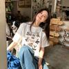 Gray Round Neck Cotton Short Sleeve T-Shirt Women's Summer New American Cat Print Fashion Versatile Loose Top