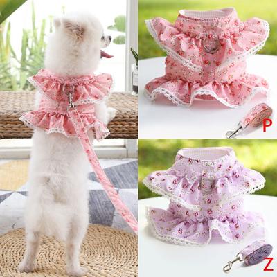 Hunde-/Katzengeschirr-/Leinen-Set, verstellbare Spitze, floral bedruckt, Haustiergeschirr, Weste, süßes Hundekleid, Pubby-Netzgeschirr, Katzen-Leine