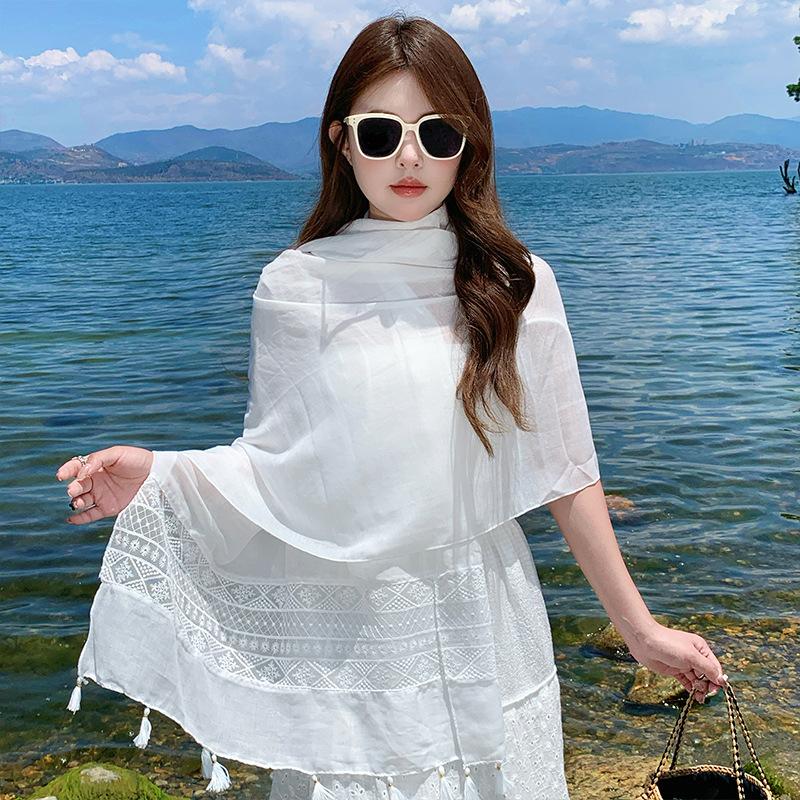 Chinese Ethnic Style White Embroidered Cotton and Linen Scarf Female Literary Spring and Autumn Winter Middle-aged Mother Silk Scarf Shawl Dual-purpos