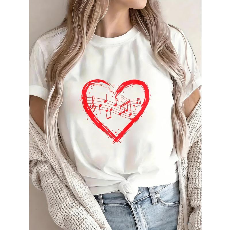 White T Shirt With Red Heart Music Notes Print For Casual Wear And Music Lovers