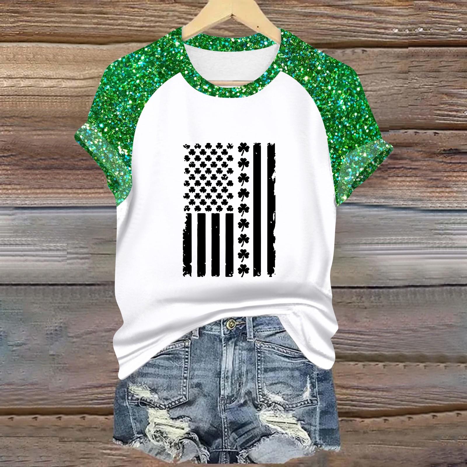 

Жіноча мода Студентський друкований топ-футболка з круглим вирізом і короткими рукавами на плечі до Дня Святого Патрика XXXXL чорний