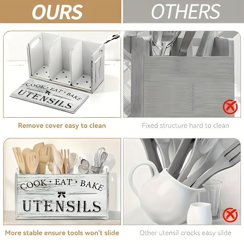 Large Wooden Utensil Holder 3-Compartment Countertop Organizer for Kitchen Tools, Heavy-Duty Wall-Mount Rustic Storage Rack