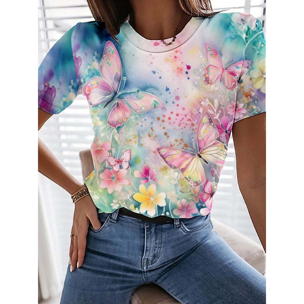 Summer Swan Butterfly T-shirt Flower 3D Printed Women's Casual Round Neck Short Sleeve T-shirt Harajuku T-shirt Women's Top