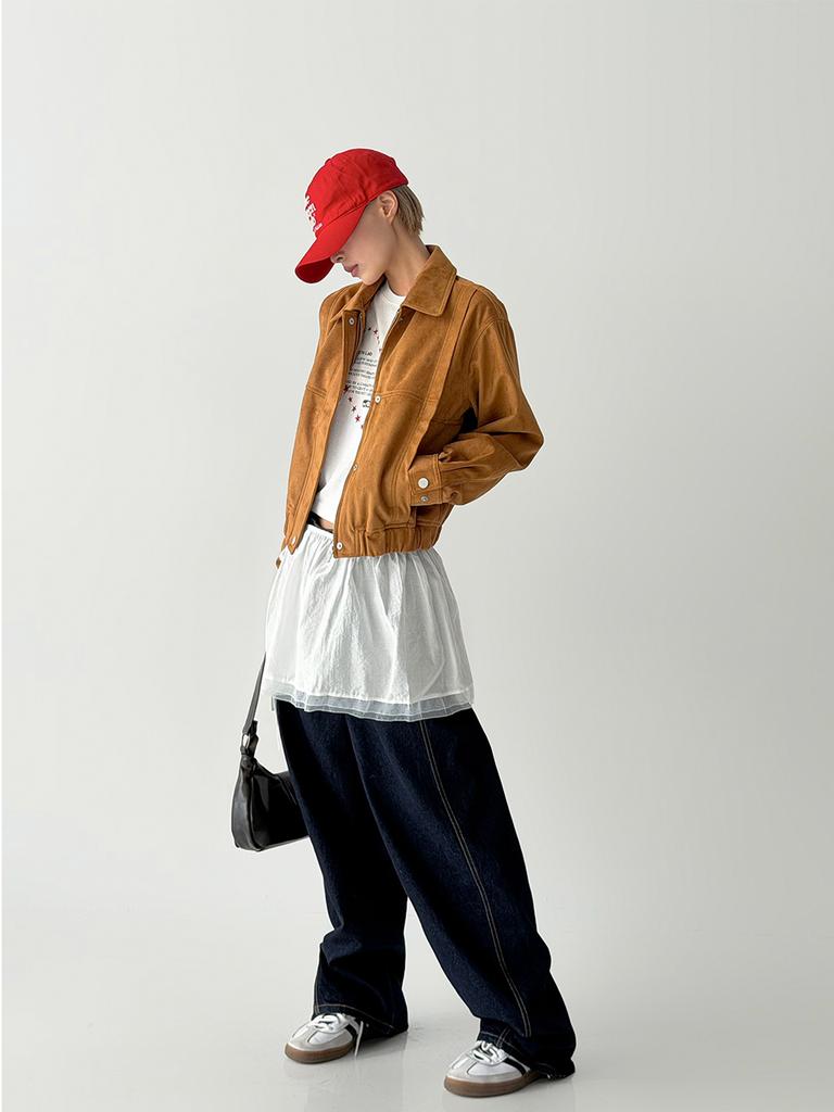 The Green Lab Faux Velvet Suede Blouson Jacket [Dark Beige]