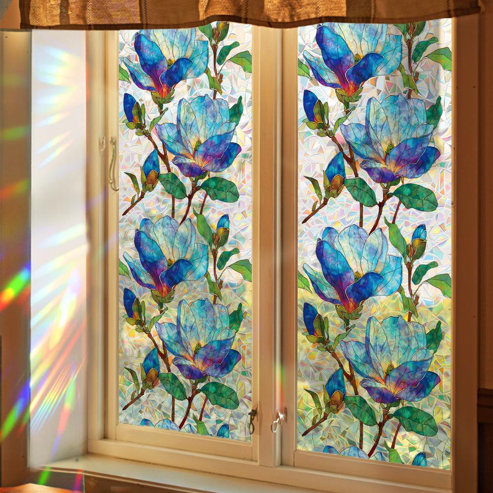 Laser-cut Dreamy Blue Floral Living Room Window Decorative Static Cling Film