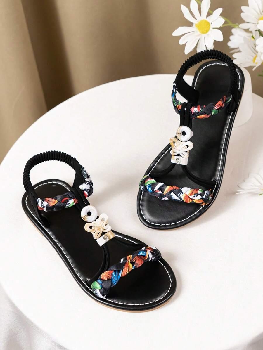 

Children s Beach Sandal Retro Shoes New Fashion Bright Diamond Sandal Comfortable Wear-Resistant Hand-Woven Belt 26 чёрный