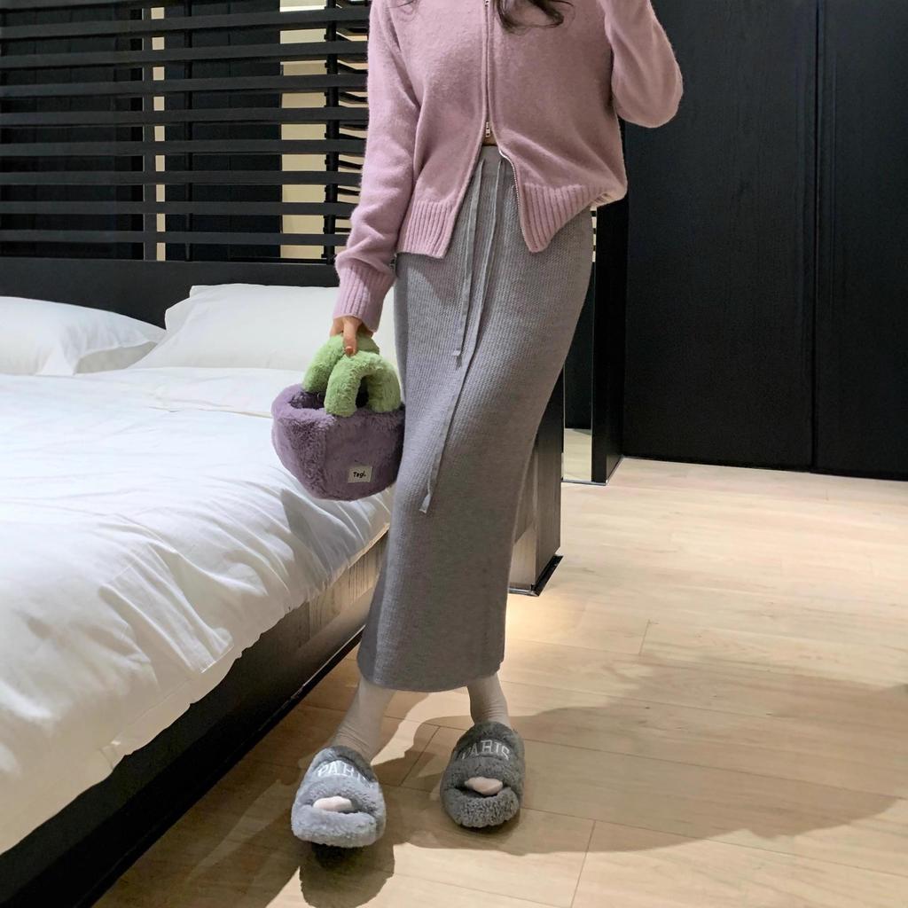 Women's High-Waist Fleece Knit Midi Skirt, Autumn/Winter 2025 Style: Thick, Loose, Drawstring, Straight Fit