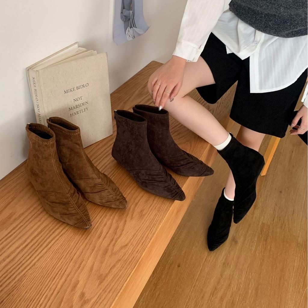 2025 New Pointed Suede Soft Bottom Rear Zipper Low Tube Thin Martin Fashion Women's Short Boots