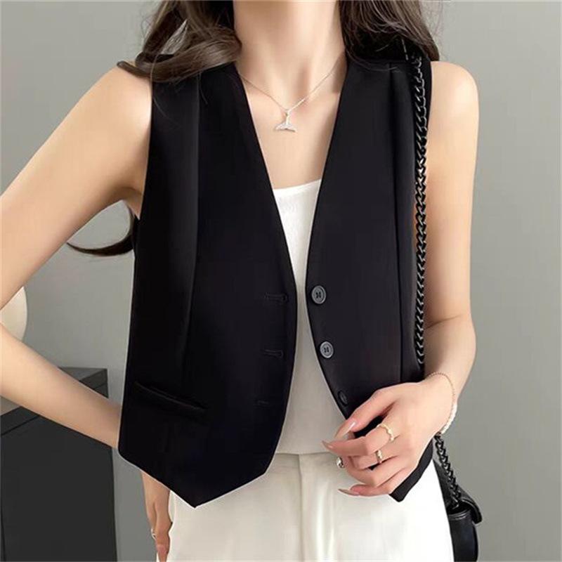 Francouzský styl Vesta Vrchní vrstva Vrstvení Dámská Móda do práce Letní Spodní prádlo Krátká délka Výstřih do V Detail knoflíku Polyester