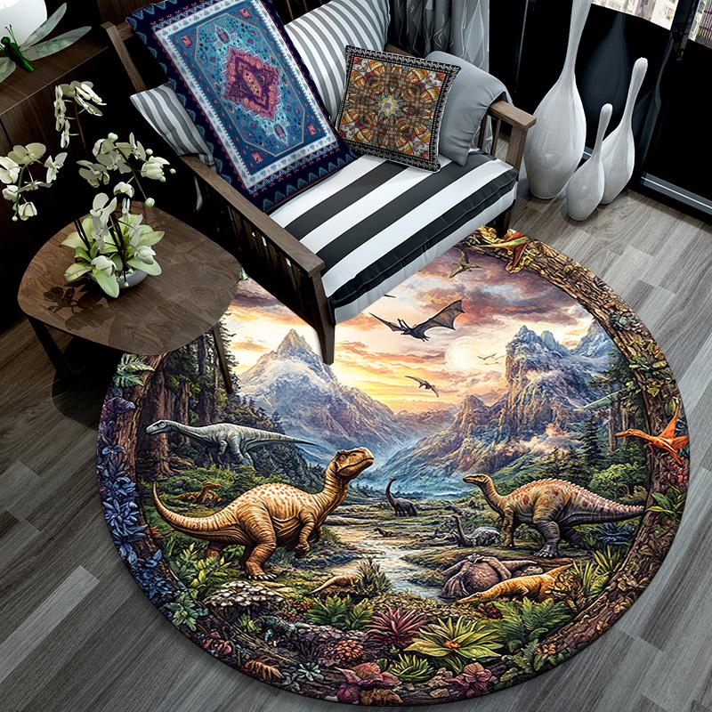 Dinosaur Landscape Round Area Rug,Carpet Rug for Living Room Bedroom Sofa Playroom Decor,Non-slip Floor Mat