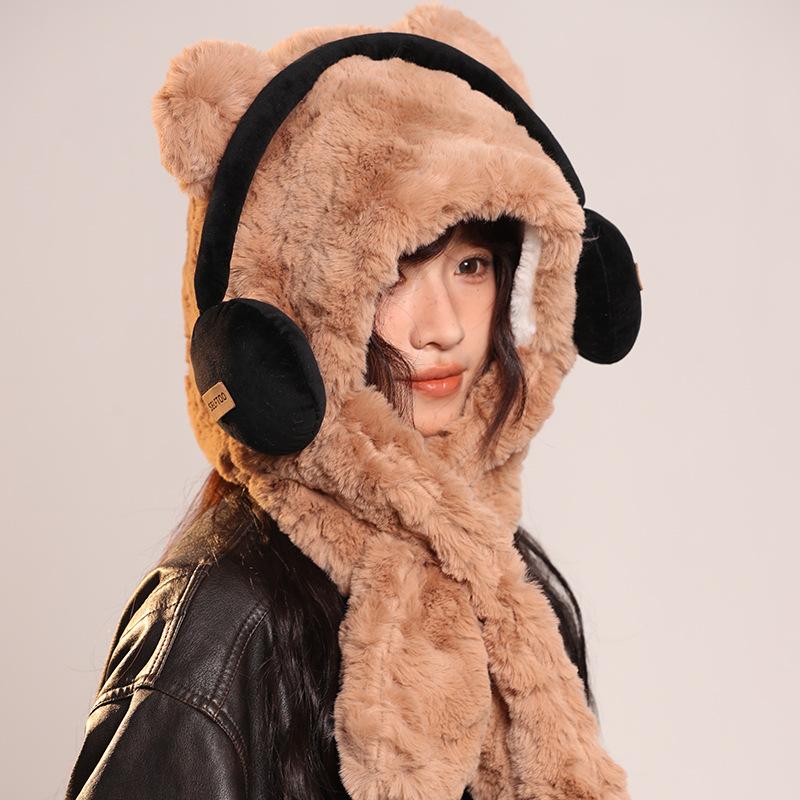 Winter Thickened Cute Headphones Bear Hat Scarf Plush Ear Protection Lei Feng Hat Riding Cold Pullover Hat
