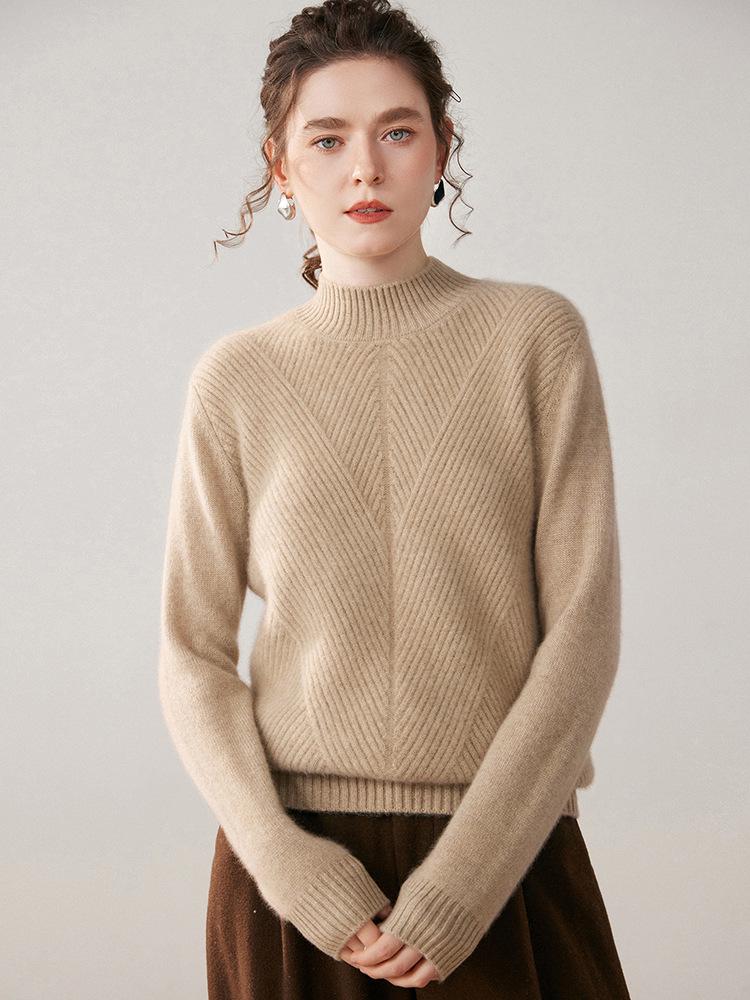 Women's Urban Casual Cashmere Sweater - Half-High Neck, Long Sleeve, Thick, Solid Color, Autumn/Winter Pullover Base Layer.