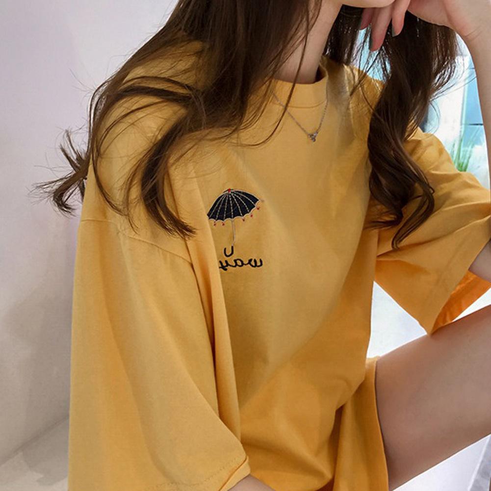 Fashion Accessory Women Umbrella Embroidery Short Sleeve O Neck Oversized T-shirt Top Long Blouse