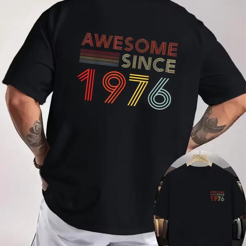 Awesome 50Th Birthday Decorations 50Yr 1976 50Th Birthday Motorcycle Double Sided Print T-Shirt Men Short-sleeve O-Neck Tops Tee