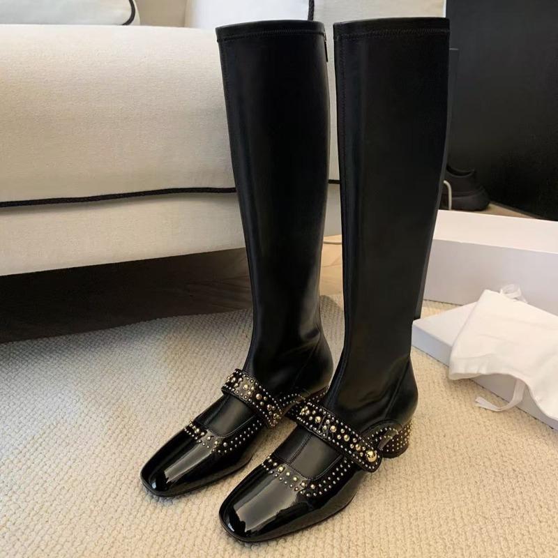 Fashion Metal Rivet Design Women's Ankle Boots Comfort Soft Leather Modern Long Boots Elegant Round Toe Low Chunky Rider Boots
