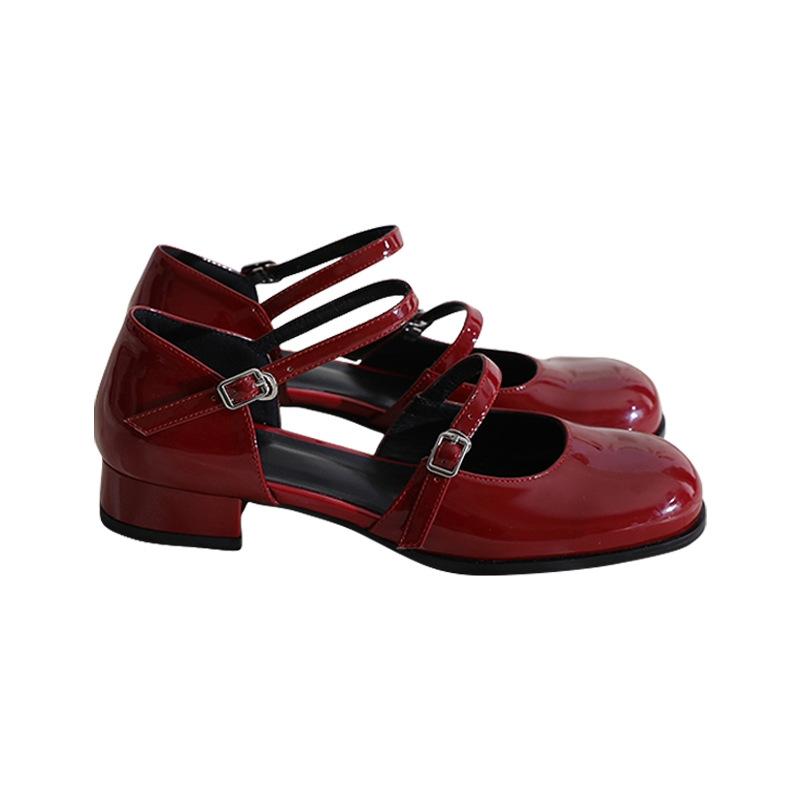 Square head sandals women's summer new fashion buckle retro bag head middle heel Mary Jane small leather shoes