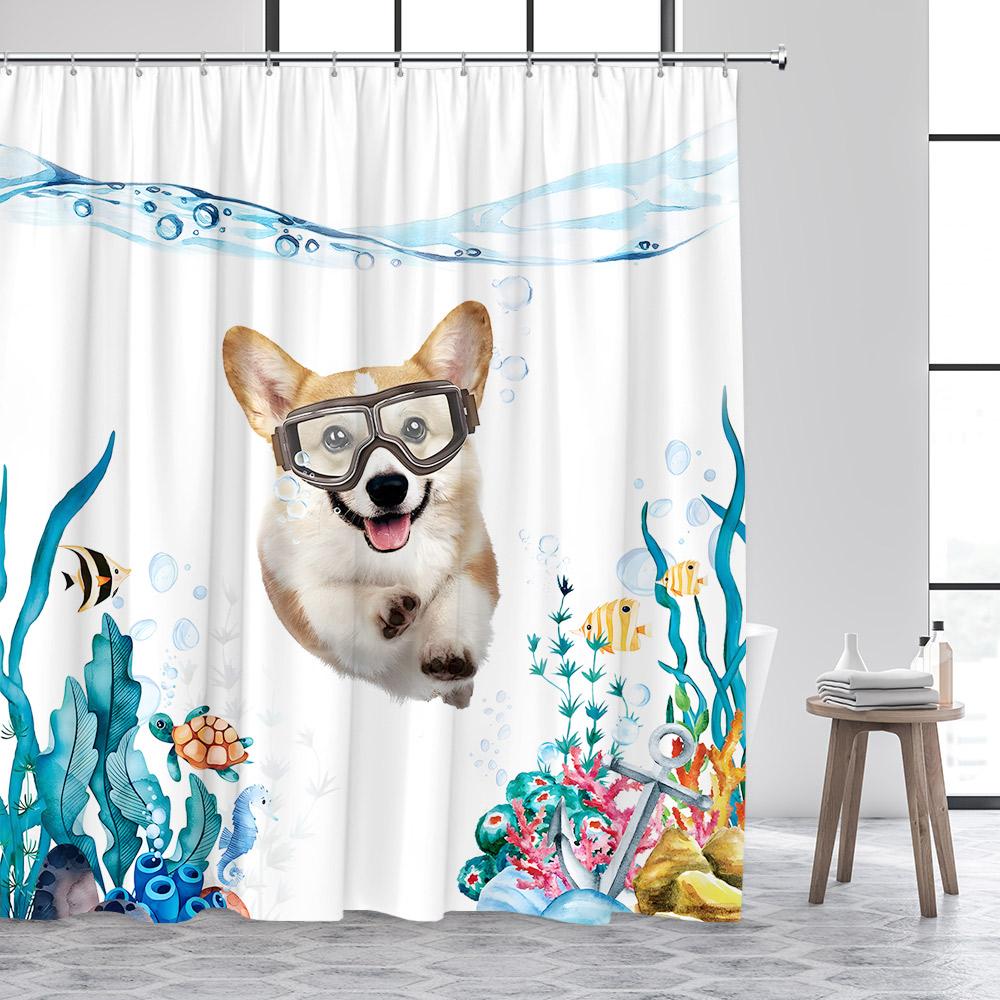 Funny Animals Shower Curtain Cute Diving Dog Cat Riding Shark Brown Bear Ocean Landscape Children Bathroom Curtains Fabric Decor