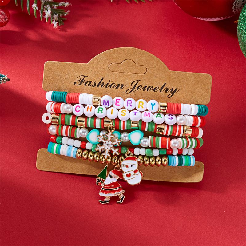 Handmade Soft Clay Beaded Christmas Bracelets Sets for Women Men Enamel Xmas Tree Bell Santa Snowflake Bracelets Trendy Jewelry