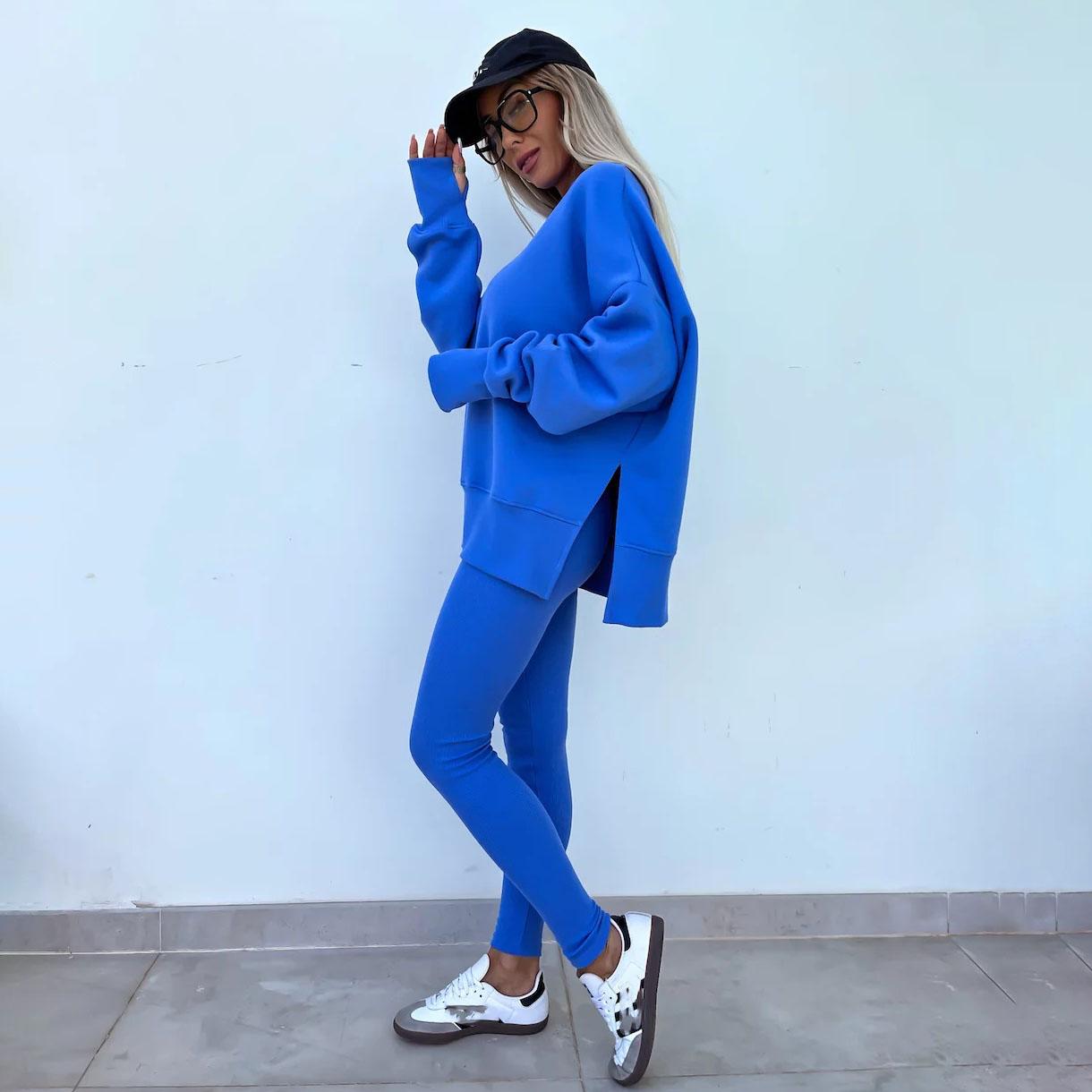 

Женский однотонный костюм с длинным рукавом и круглым вырезом, свободный топ, широкие брюки, осень-зима L синий