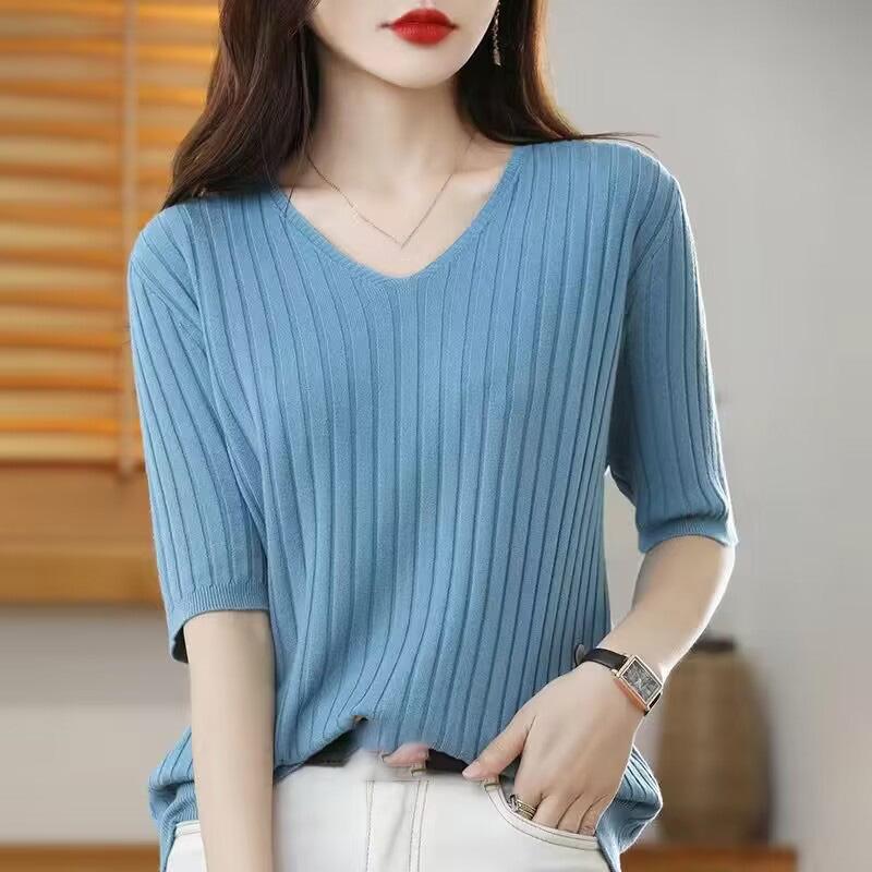 Frühling Sommer Damen V-Ausschnitt Kurzarm Exquisiter Kaschmir Strickpullover Pullover Einfarbig