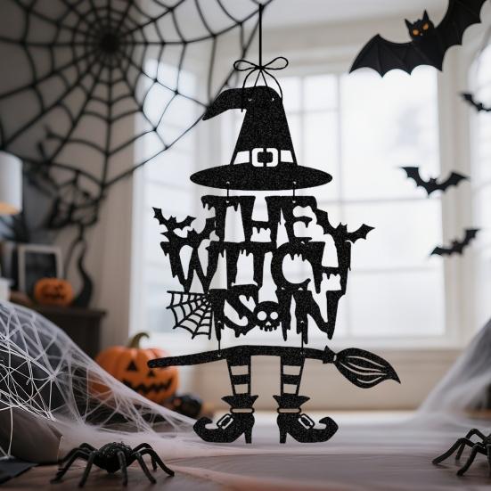 Halloween Witch Door Sign Spooky Witch Leg Hat Broomstick Front Door Hanging Decor Farmhouse Witch Welcome Sign for Home Wall Indoor Outdoor Decor