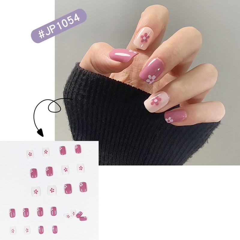 24pcs French False Nails Wave Design Fake Nails Summer Style Gradient False Nail Pink Purple Heart Flower Nail Art Tools