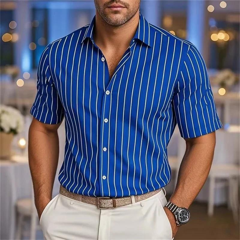 Men's Fashion Striped Loose Short Sleeve Shirt Casual Breathable Lapel Button Shirt Soft and Comfortable Festival Top