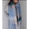 Used Plaid Voluminous Muffler, Large Size, Blue Tones, Fluffy, Warm